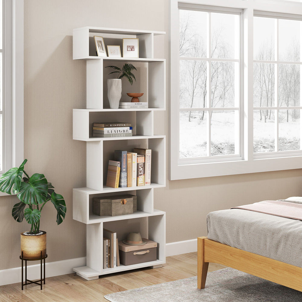 6-tier geometric bookshelf in white with anti-tipping kits, perfect for modern home office storage and organization.