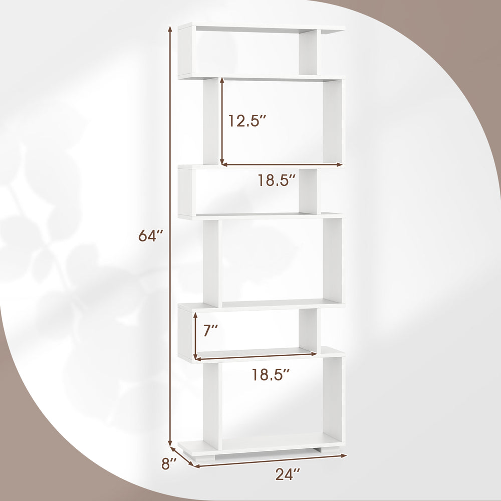 6-tier geometric bookshelf in white, measuring 64"x24", designed for home office with anti-tipping kits for safety.