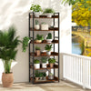 6-tier tall industrial bookcase with open shelves, brown finish, perfect for displaying plants and decor in any room.