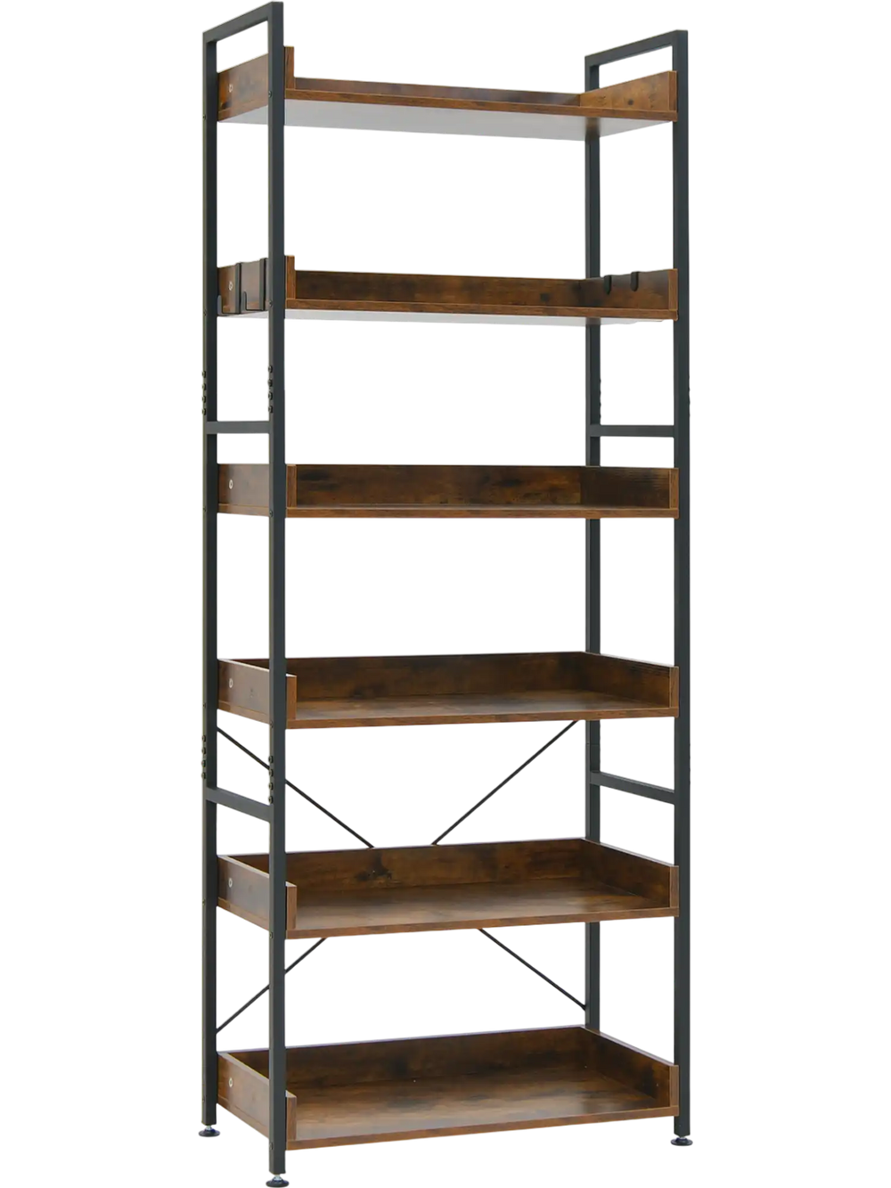 6-tier tall industrial bookcase with open shelves and 4 hooks, featuring a sturdy metal frame and brown wood finish.