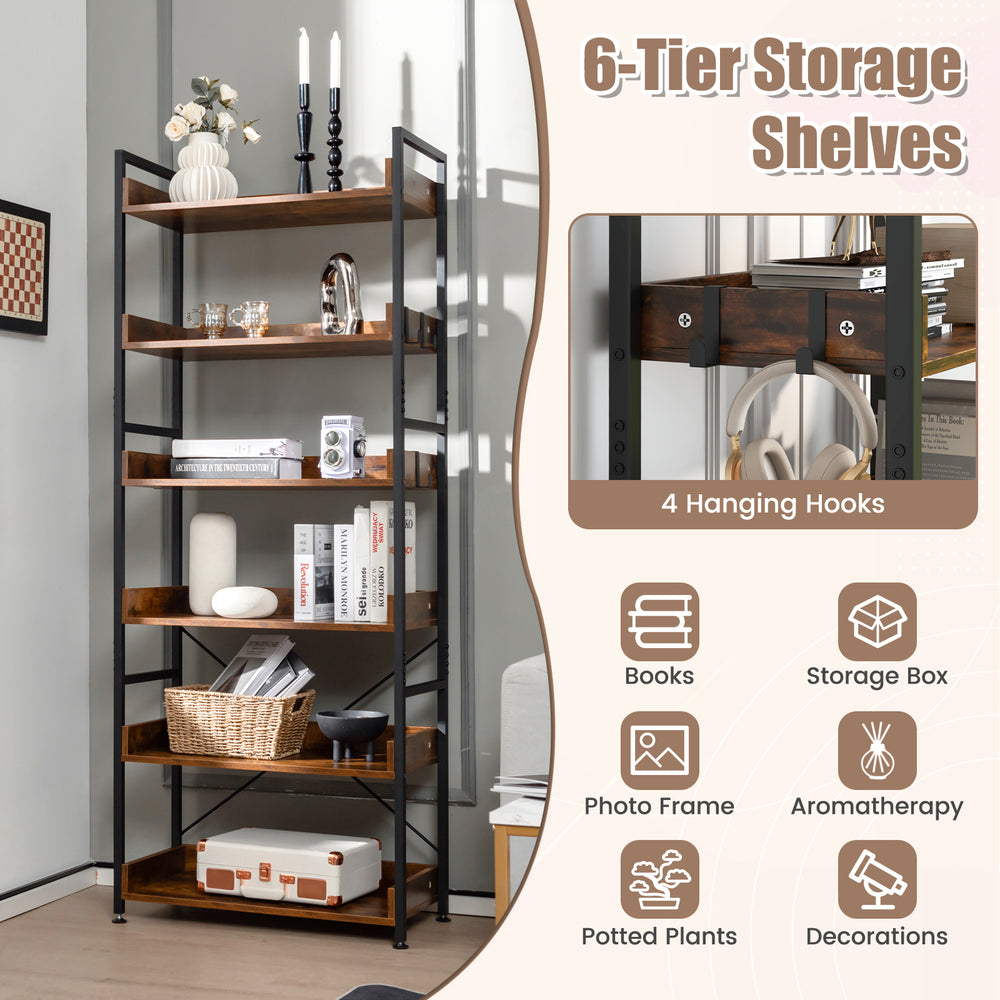6-tier tall industrial bookcase in brown with open shelves and 4 hooks, ideal for living room or study storage.
