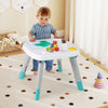 Toddler playing at a 6-in-1 baby activity center table with adjustable height and interactive toys for fun learning.