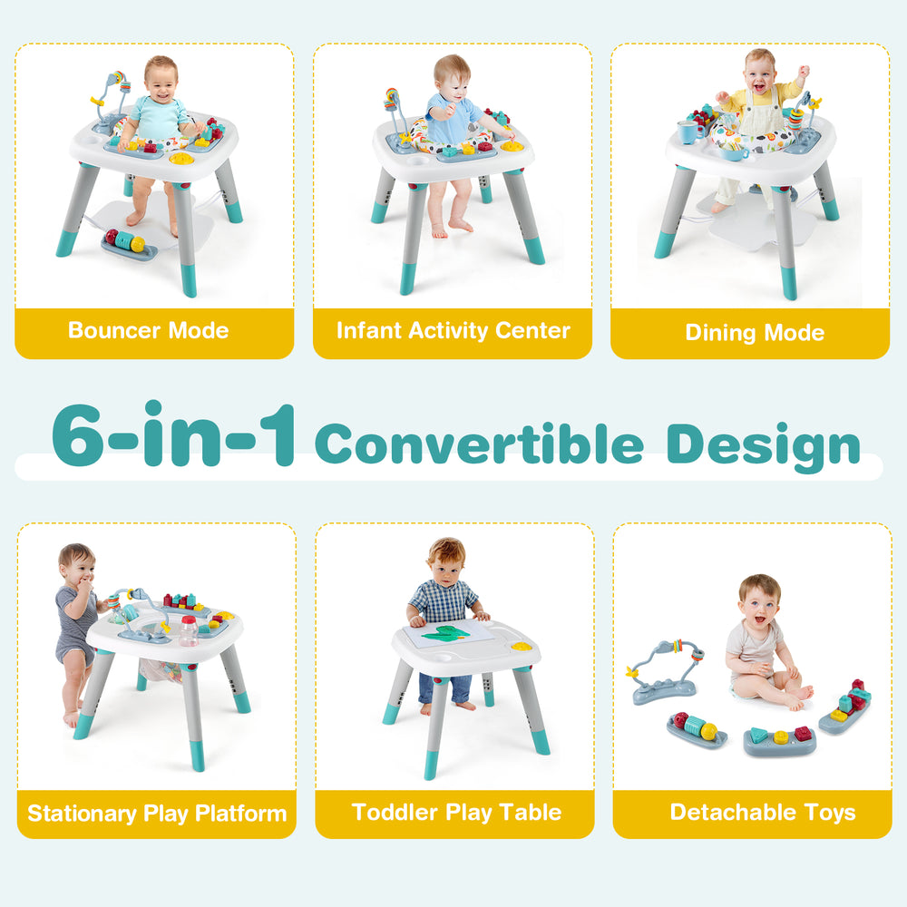 6-in-1 Baby Activity Center with adjustable height, rotating seat, and detachable toys for interactive play and.