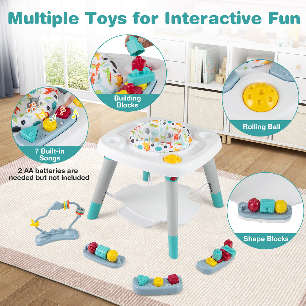 6-in-1 baby activity center with adjustable height, 360° rotating seat, and multiple interactive toys for toddlers.