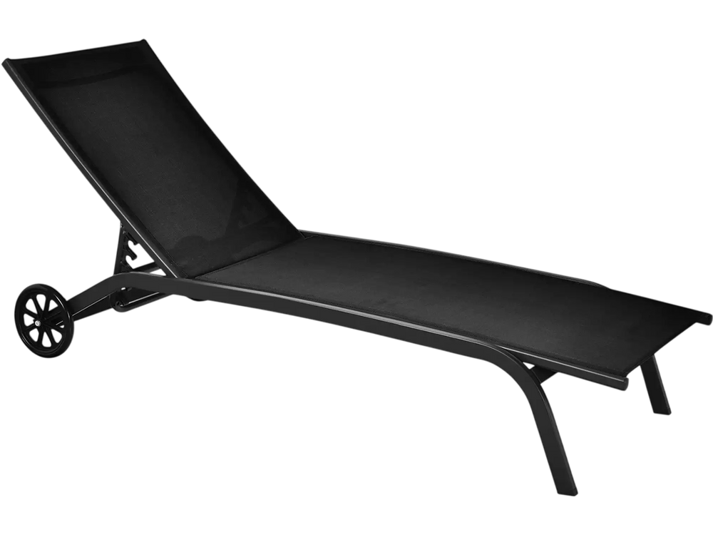 Black 6-position adjustable outdoor chaise recliner with wheels, featuring a heavy-duty steel frame for patio or.