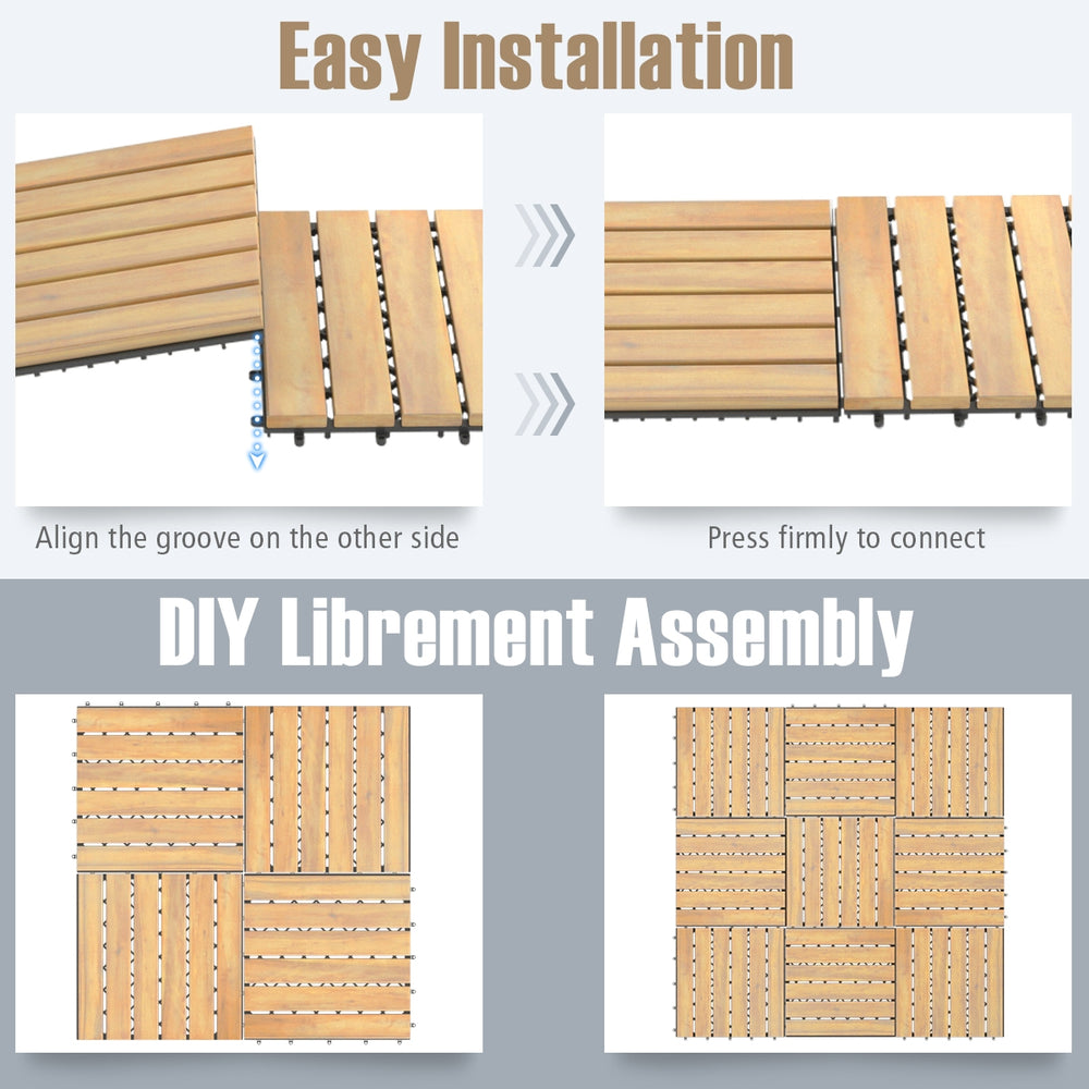 Acacia wood interlocking tile flooring showing easy assembly method, perfect for garden, balcony, or poolside use.