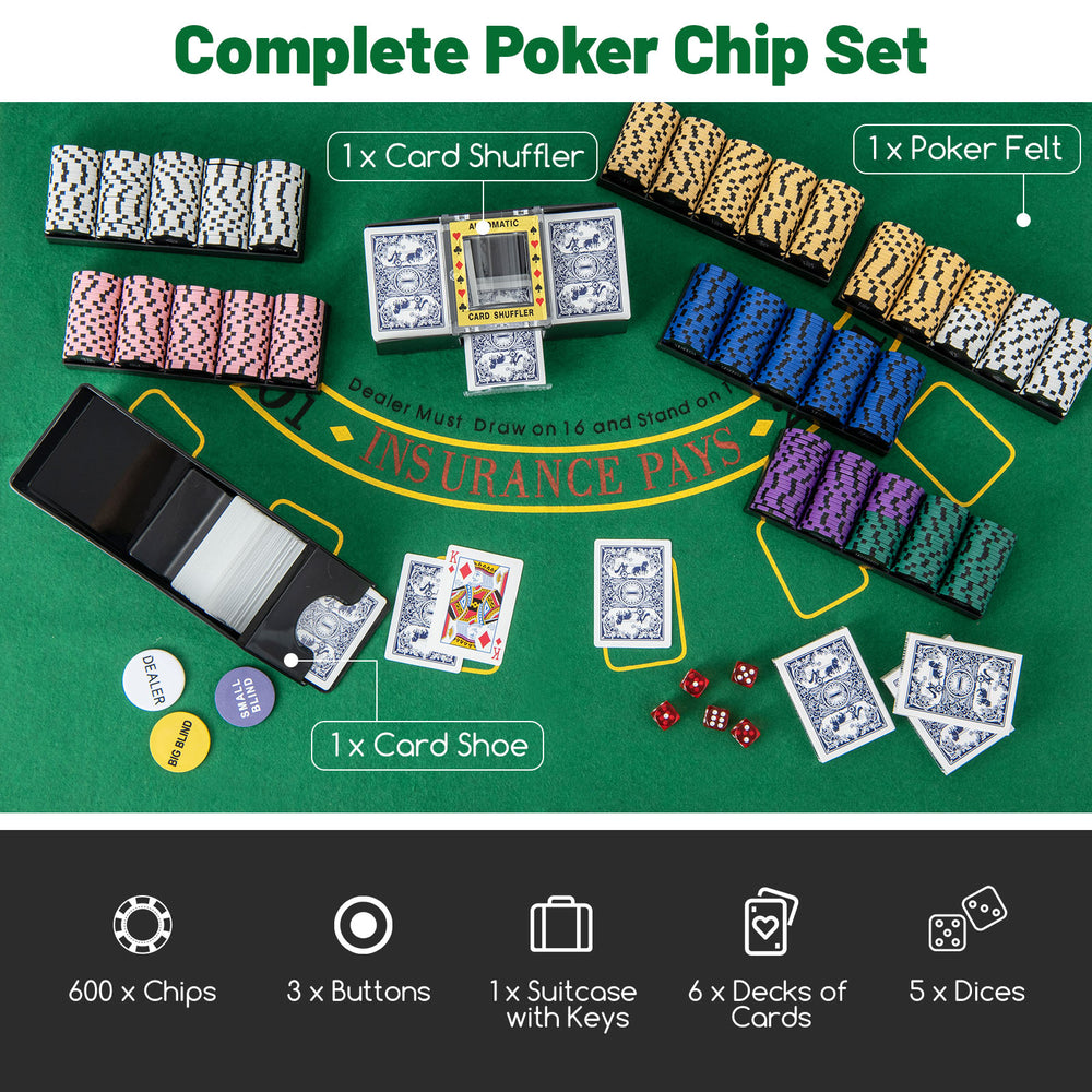 Complete poker chip set with 600 claytec chips, card shuffler, felt, and carrying case for casino-style games.