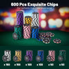 600-piece poker chip set featuring 14-gram claytec chips in various colors, ideal for Texas Holdem and card games.