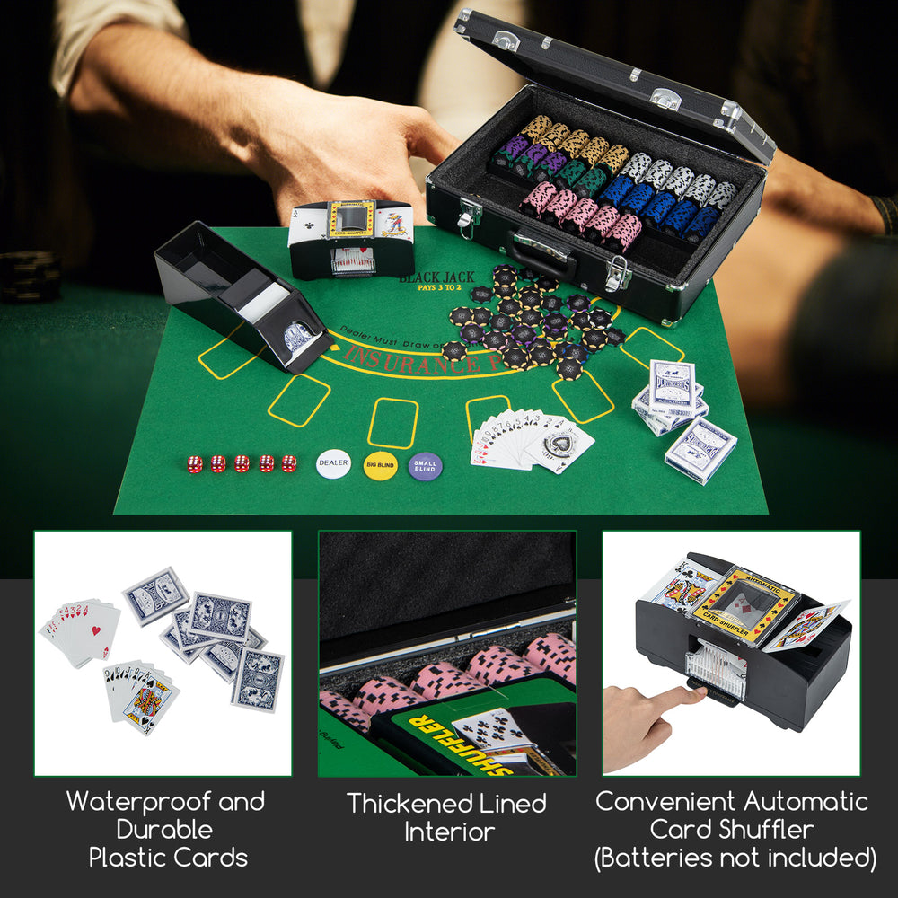 600-piece poker chip set with 14g claytec chips, waterproof cards, and a carrying case for casino-style games.