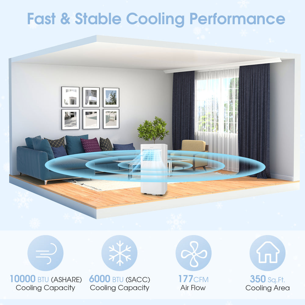 Portable air conditioner with 6000 BTU cooling capacity, remote control, and adjustable fan speeds for efficient.