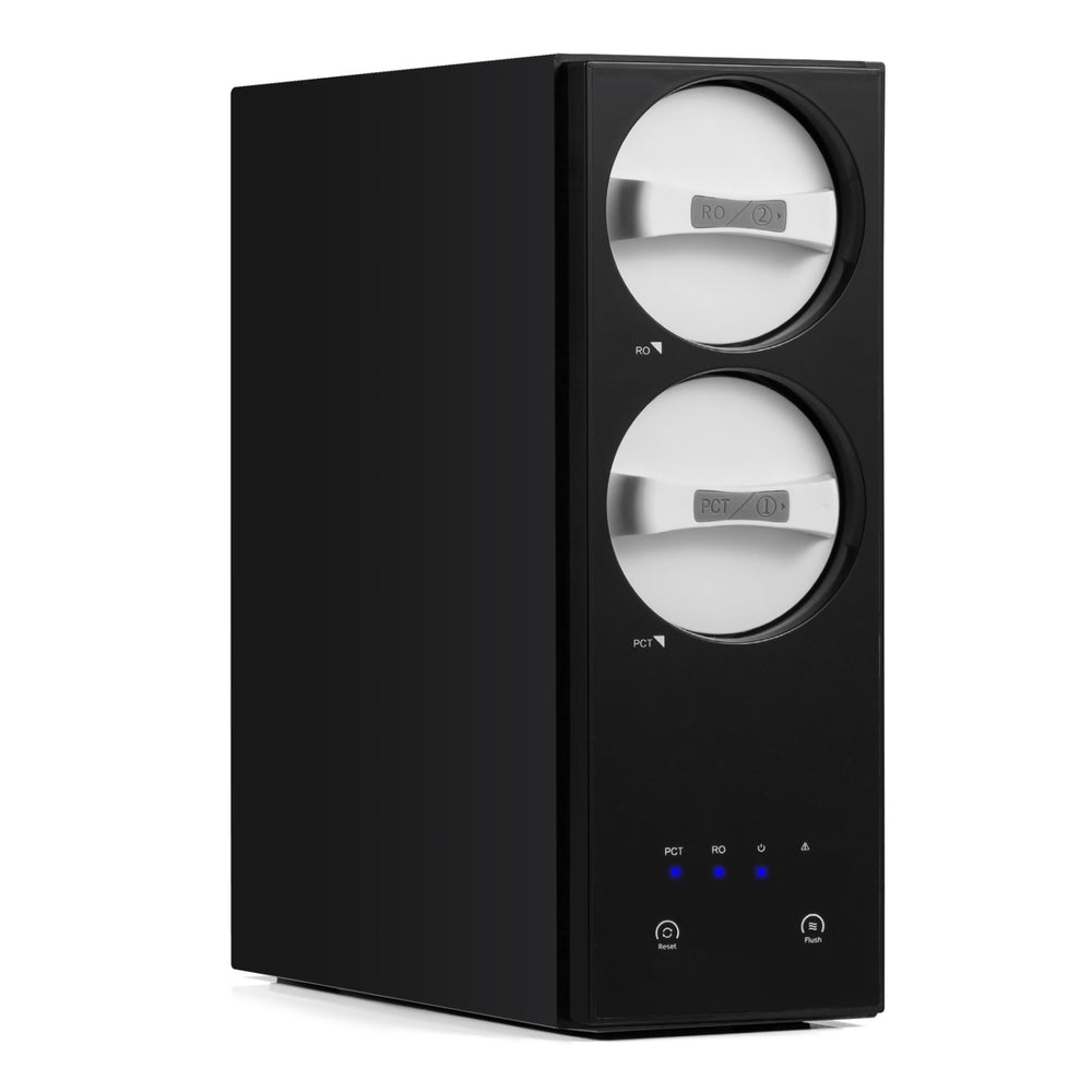 Compact 600 GPD AW-RB20 alkaline reverse osmosis water filter with dual faucets and smart LED display for home use.