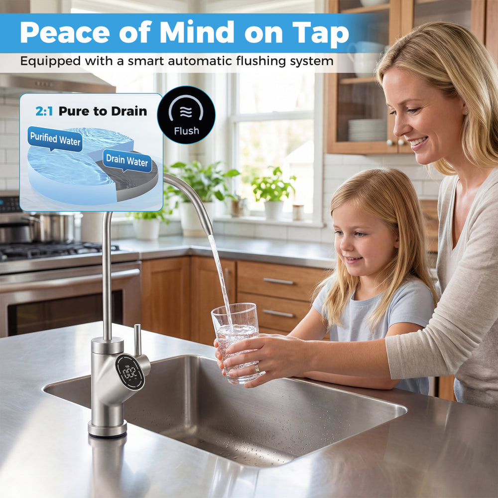 Alkaline PH+ reverse osmosis water filter with smart faucet, showcasing purified water dispensing for daily use.