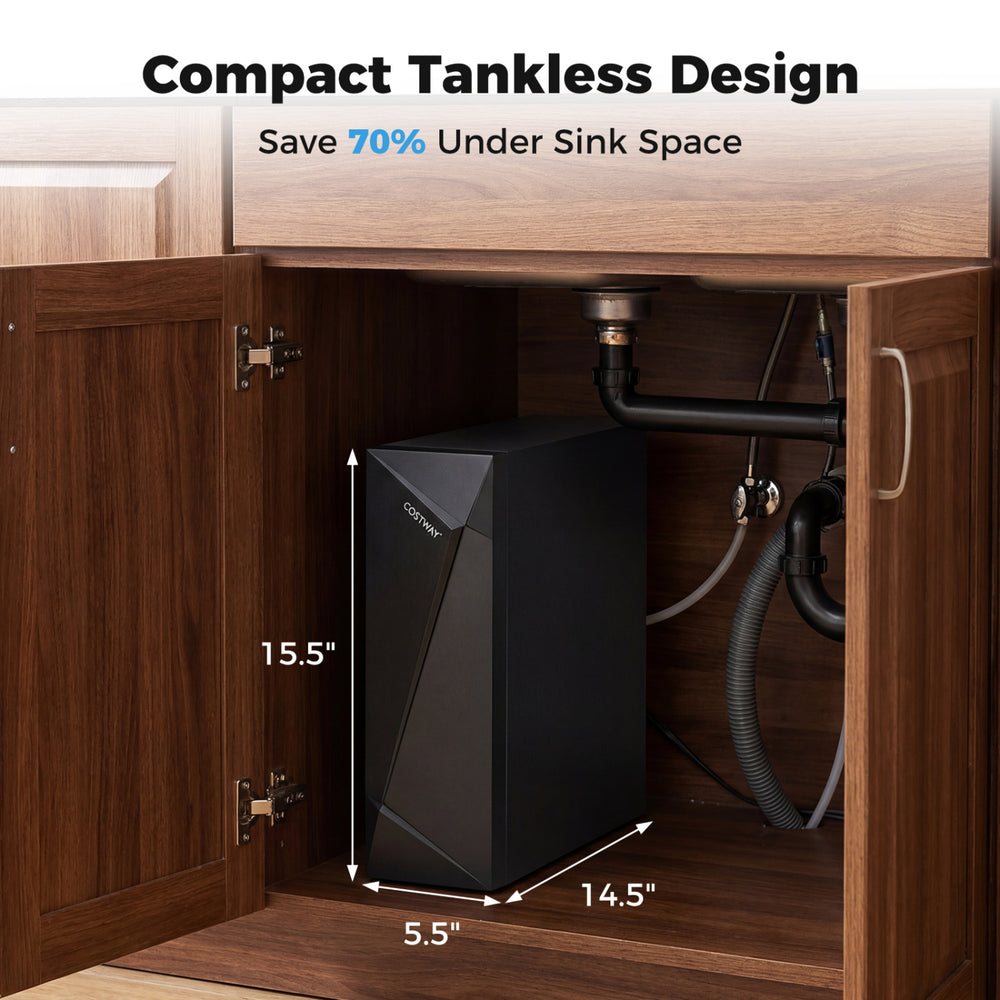 Compact tankless reverse osmosis water filter with 800/600 GPD capacity, saving 70% under-sink space.