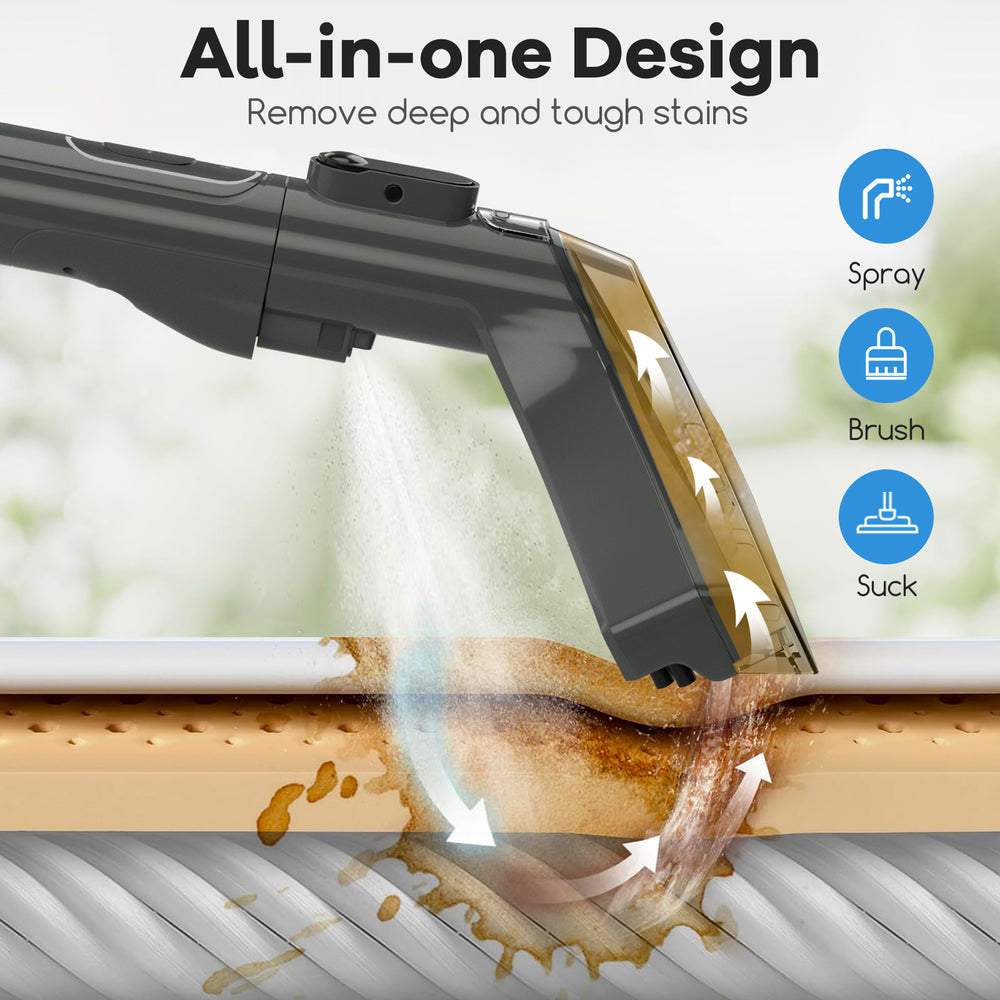 Upholstery cleaner nozzle with spray, brush, and suction features for deep stain removal on various surfaces.