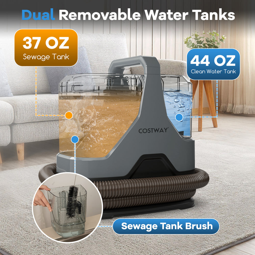 Upholstery cleaner machine with dual removable water tanks, featuring 37 oz sewage and 44 oz clean water capacity for.