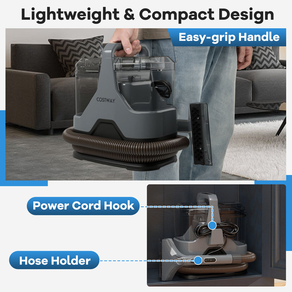 Compact gray upholstery cleaner machine with powerful 15kPa suction, hose holder, and easy-grip handle for versatile.