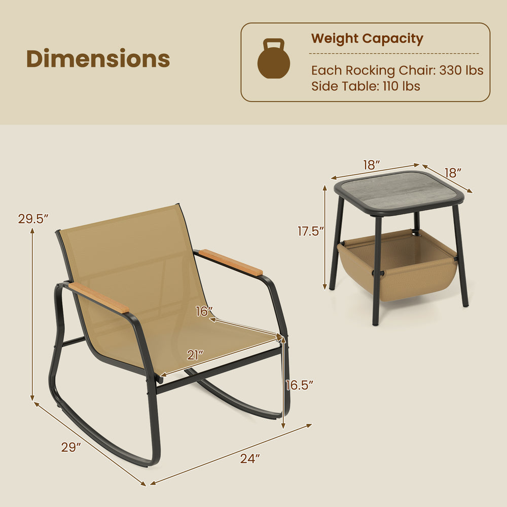 Brown rocking chair with ergonomic PS armrests and breathable fabric, perfect for outdoor use in porches or backyards.