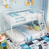 Twin over full low floor bunk bed frame in white with solid pine wood, guardrails, and integrated ladder for kids'.