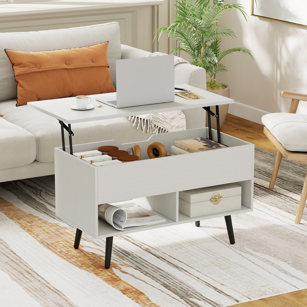 Lift-top coffee table in white with hidden storage and open shelves, ideal for dining or working in modern living.