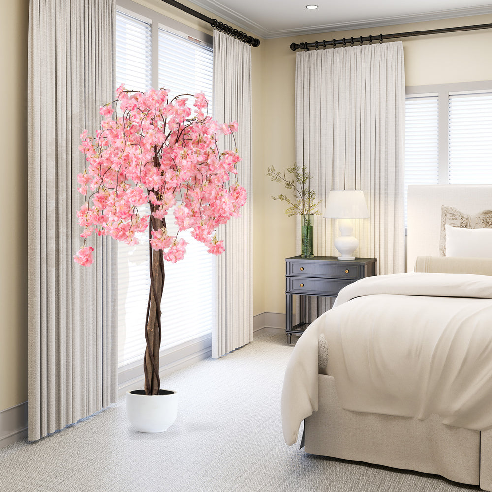 5.5 FT tall artificial cherry blossom tree with pink flowers in a stable pot, perfect for home or office decoration.
