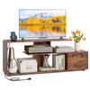 60-inch rustic brown TV stand with built-in power outlet, open shelves, and spacious cabinet for organized storage.