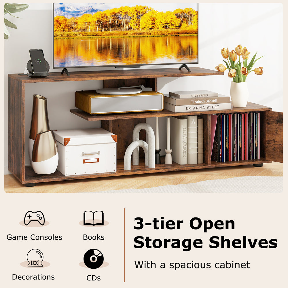 60-inch rustic brown entertainment center with 3-tier open storage shelves and a spacious cabinet for organized storage.