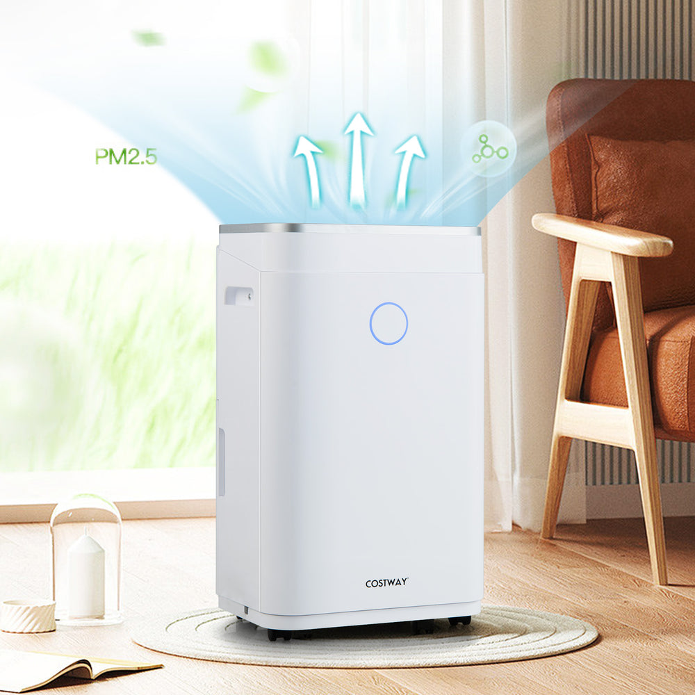 60-pint dehumidifier in white with digital display, designed for spaces up to 4000 sq. ft., ideal for home comfort.