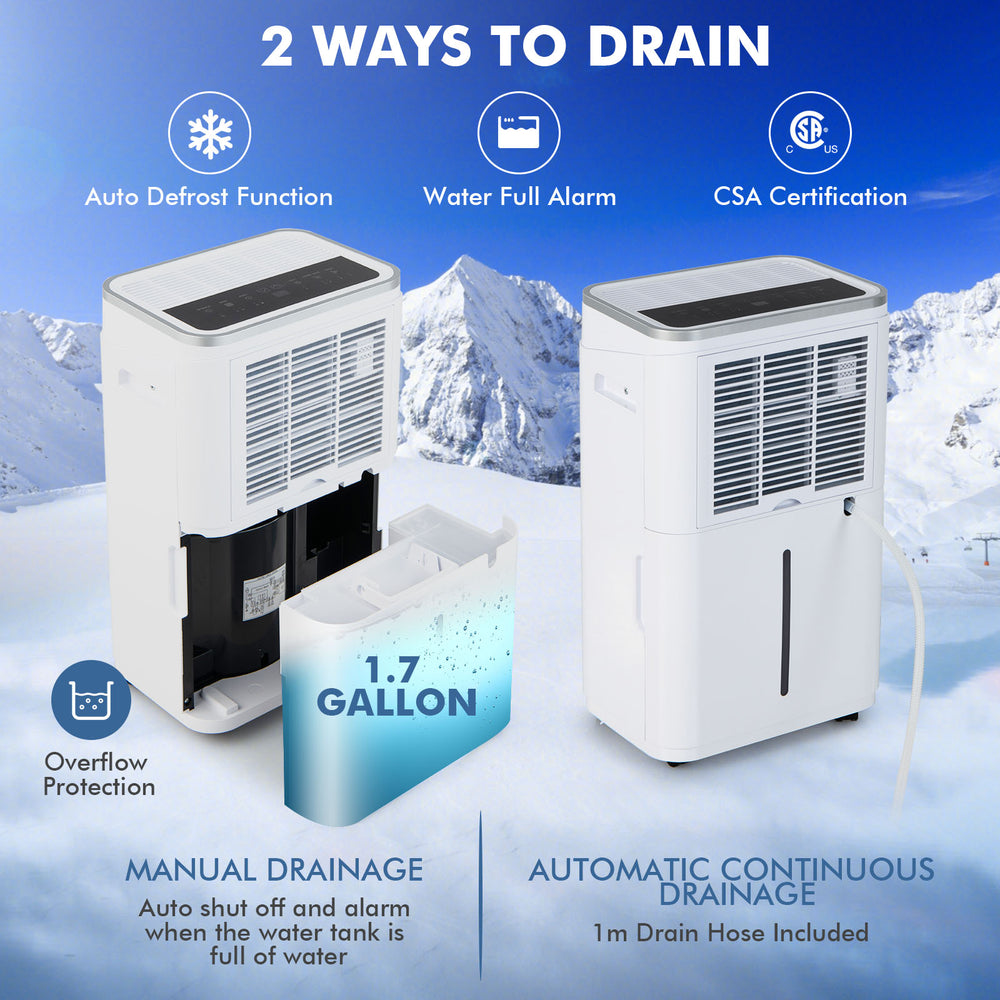 60-pint dehumidifier with 3-color digital display, 1.7-gallon tank, and two drainage options for home and basement use.