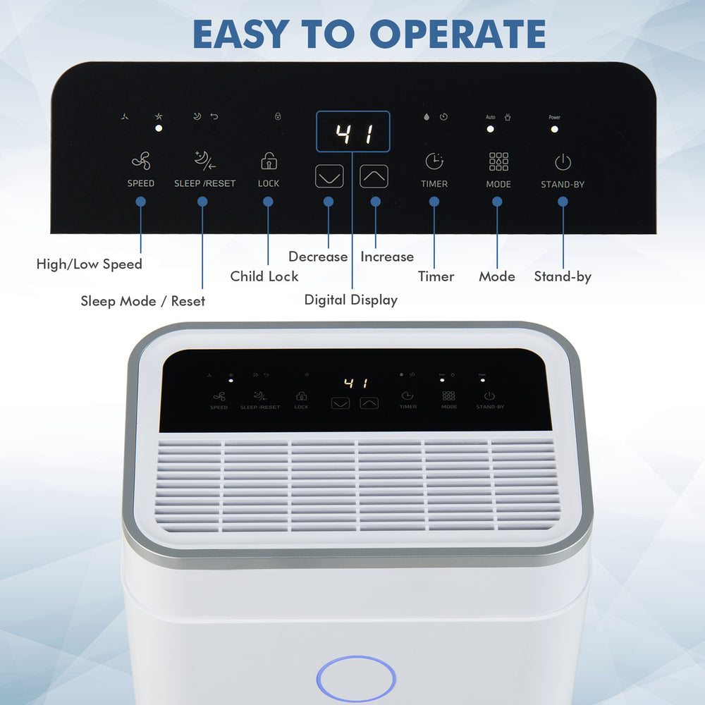 Digital control panel of the 60-pint dehumidifier with 3-color display and easy operation features for home use.