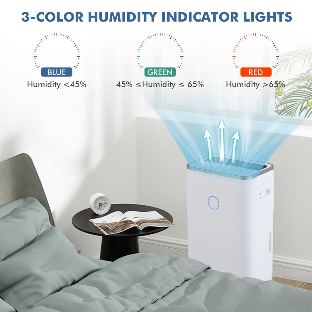 60-pint dehumidifier with 3-color humidity indicator lights, designed for spaces up to 4000 sq. ft. for optimal comfort.