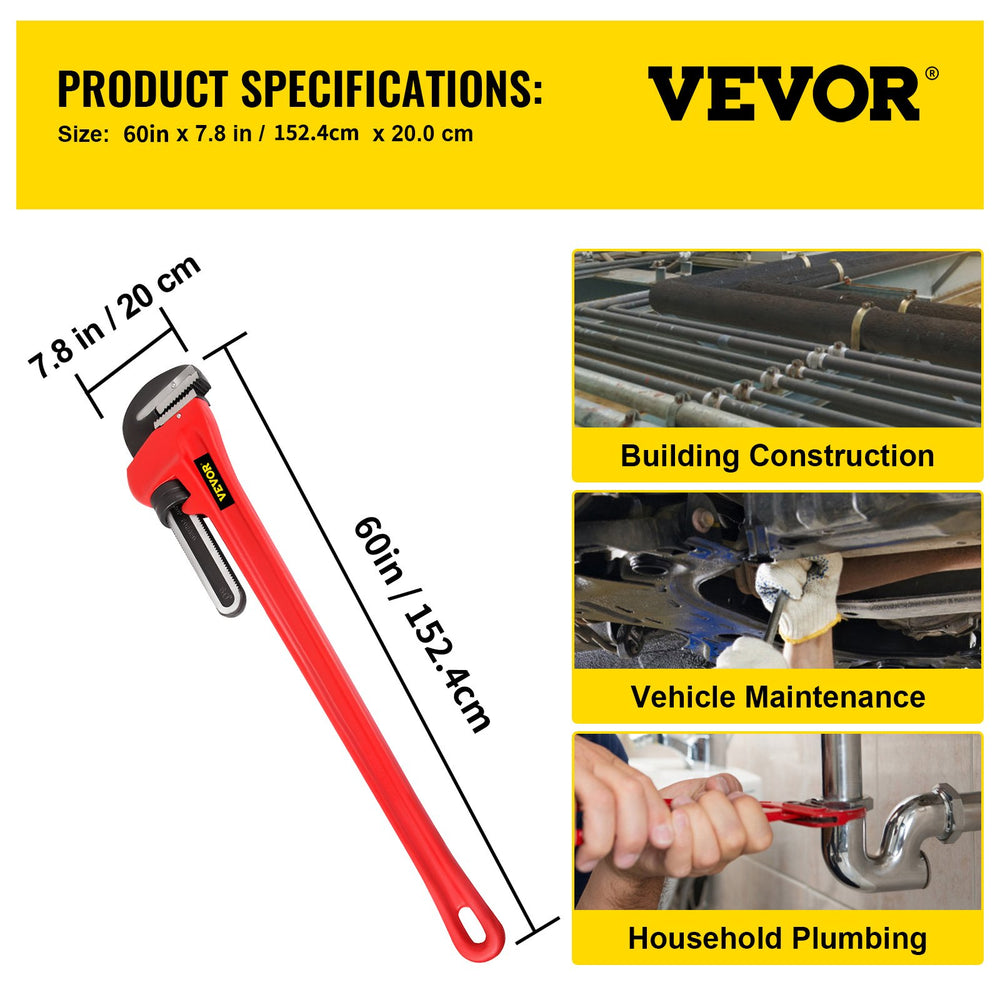 Vevor Cast Iron Pipe Wrench 60" Heavy Duty Adjustable Jaw 8" Max. Opening New