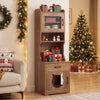 60" cat litter box enclosure in natural wood with adjustable LED light, storage shelves, and cute cat head-shaped entry.