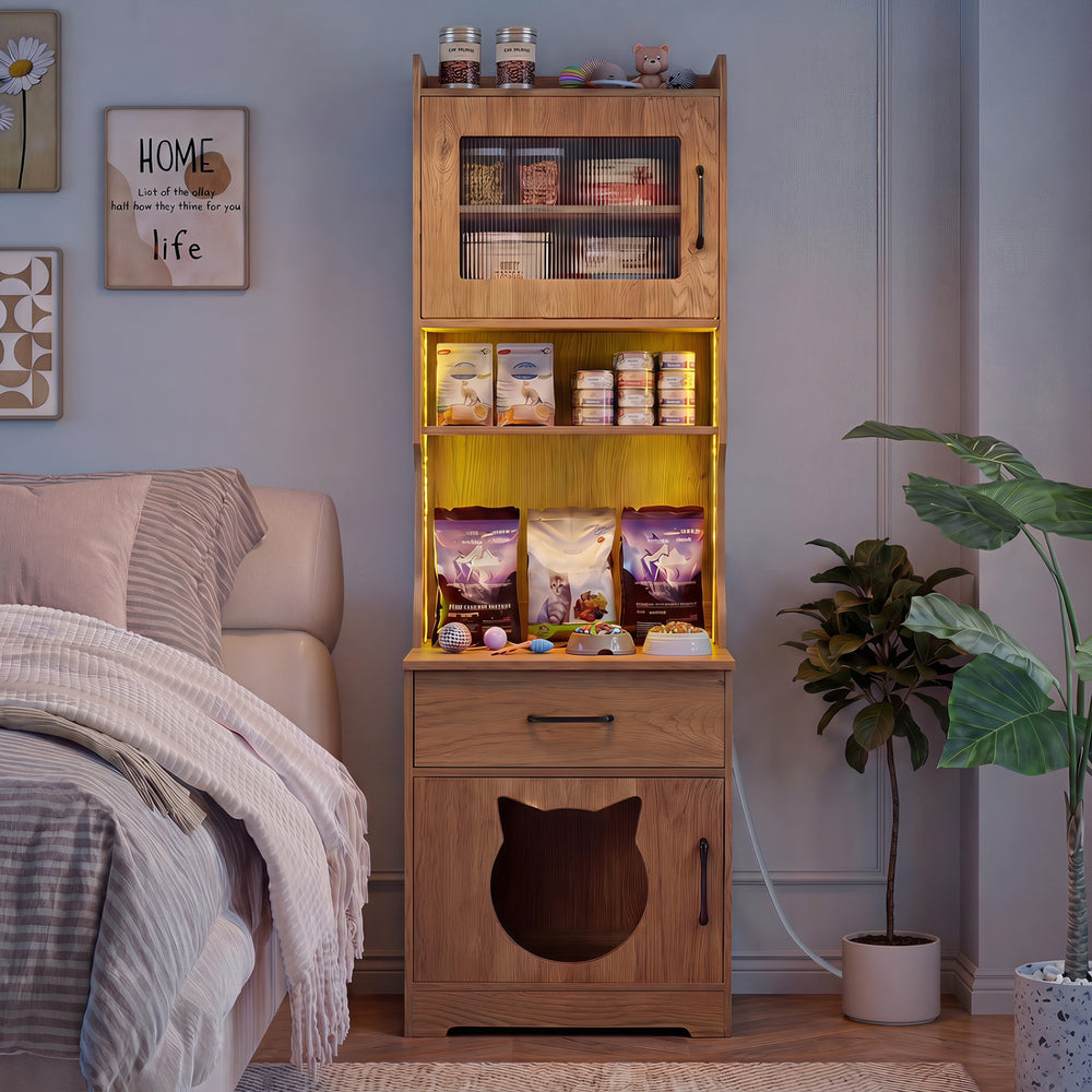 60" cat litter box enclosure in natural wood with adjustable LED light, storage shelves, and charging station for convenience.