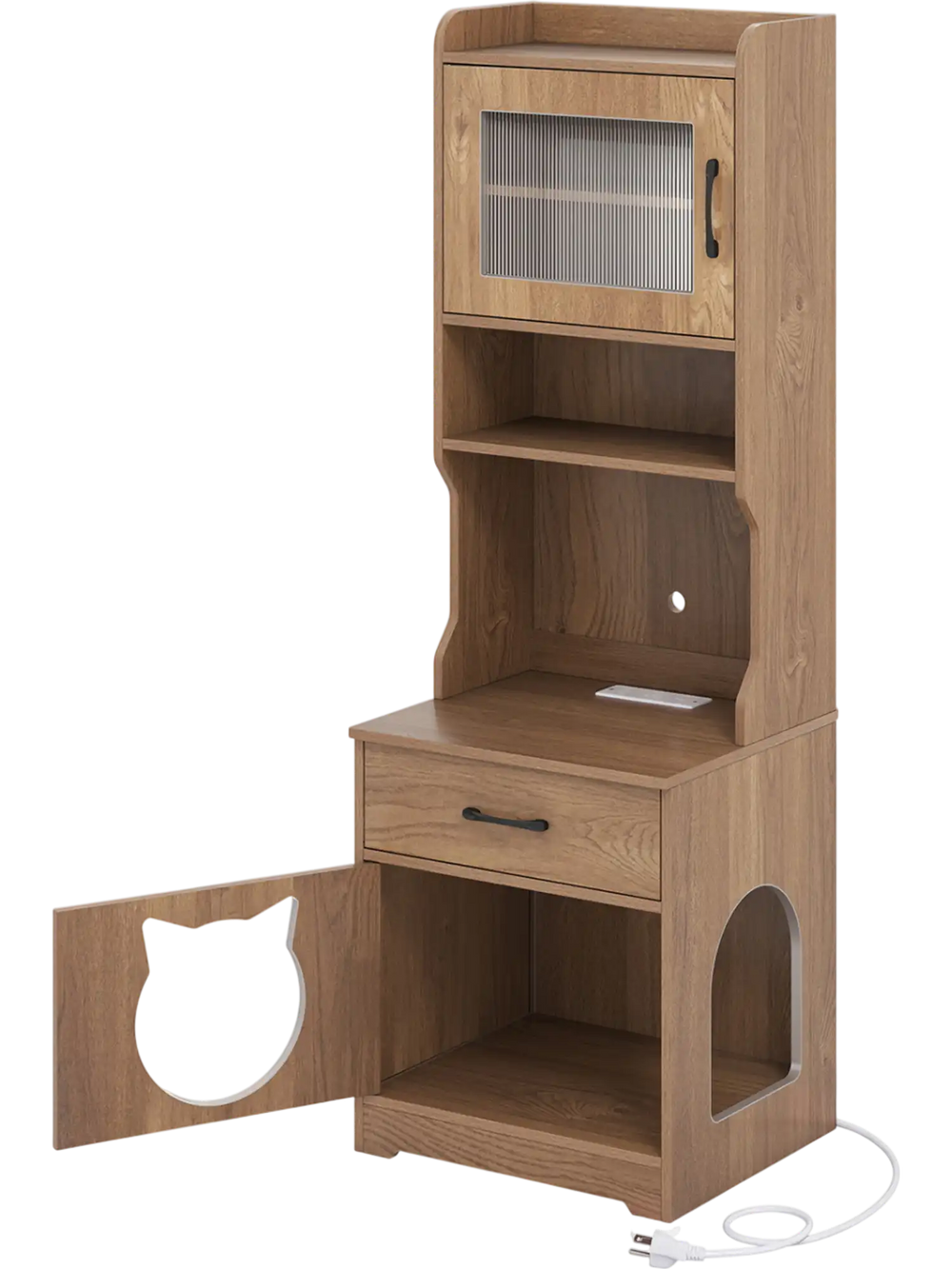 Natural wood cat litter box enclosure featuring a clear door, adjustable LED light, and spacious top shelf for easy access.
