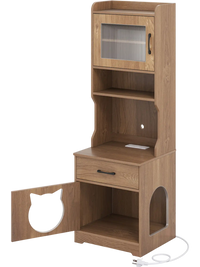 Natural wood cat litter box enclosure featuring a clear door, adjustable LED light, and spacious top shelf for easy access.