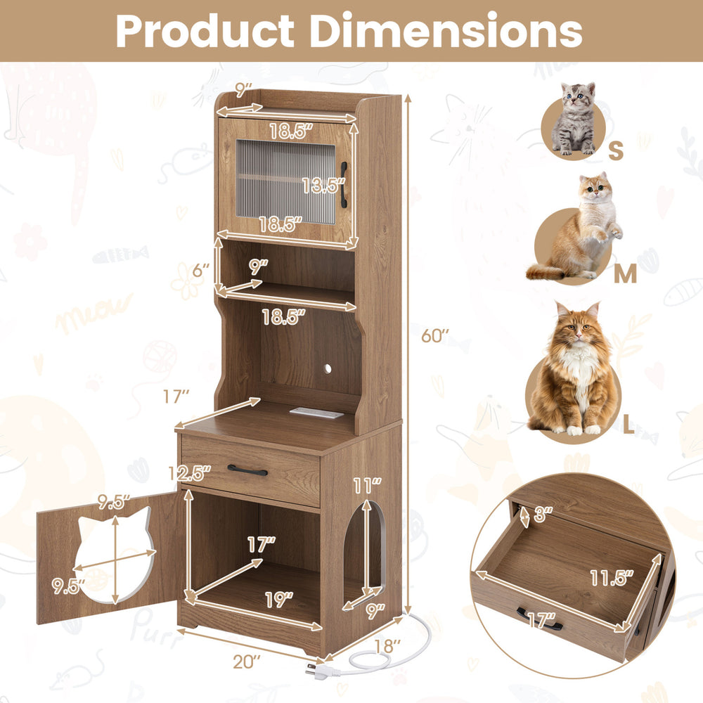 Cat litter box enclosure with adjustable LED light, storage shelves, and charging station in natural finish.