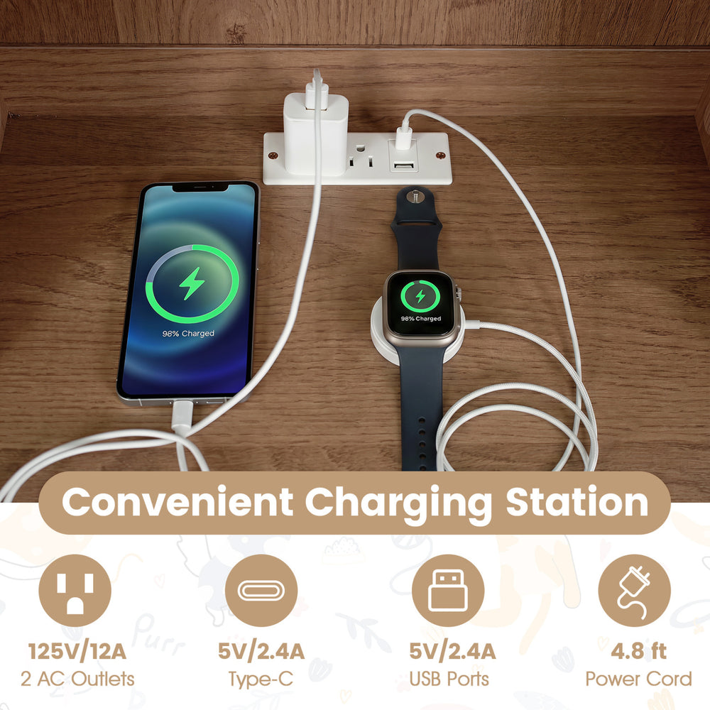 Charging station with 2 AC outlets and USB ports in a cat litter box enclosure with adjustable LED light and storage shelves.