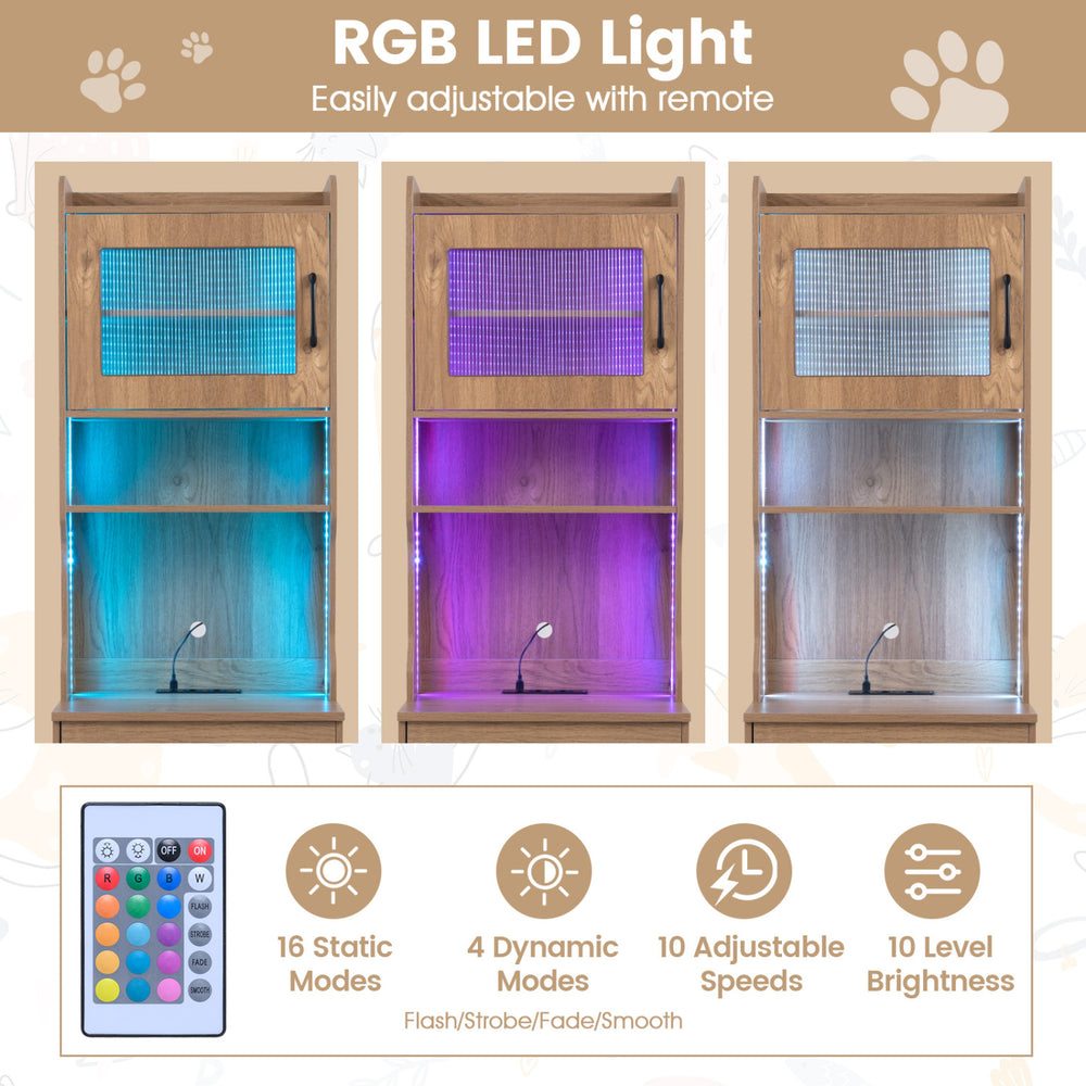 60" cat litter box enclosure with adjustable RGB LED light, storage shelves, and charging station for convenient use.