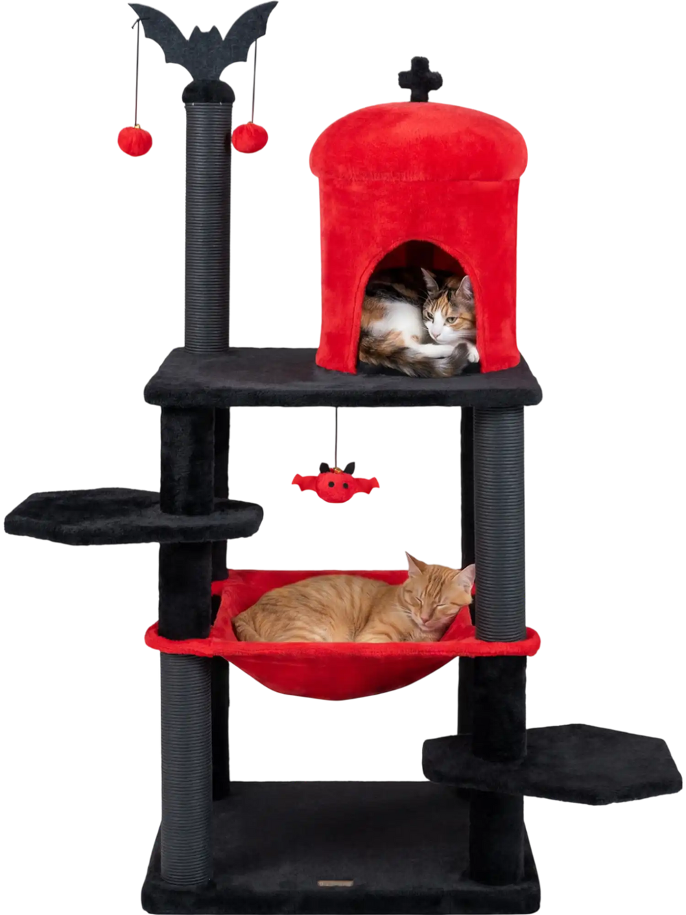 Gothic cat tower with plush perch, black and red color, featuring cozy condo and spider toys for Halloween fun.