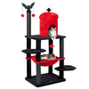 Gothic cat tower with plush perch, black and red colors, featuring a cozy condo and spider toys for Halloween fun.
