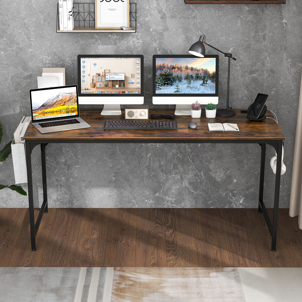 60 Inch Computer Desk with Charging Station Storage Bag-Rustic Brown - Gallery View 1 of 11