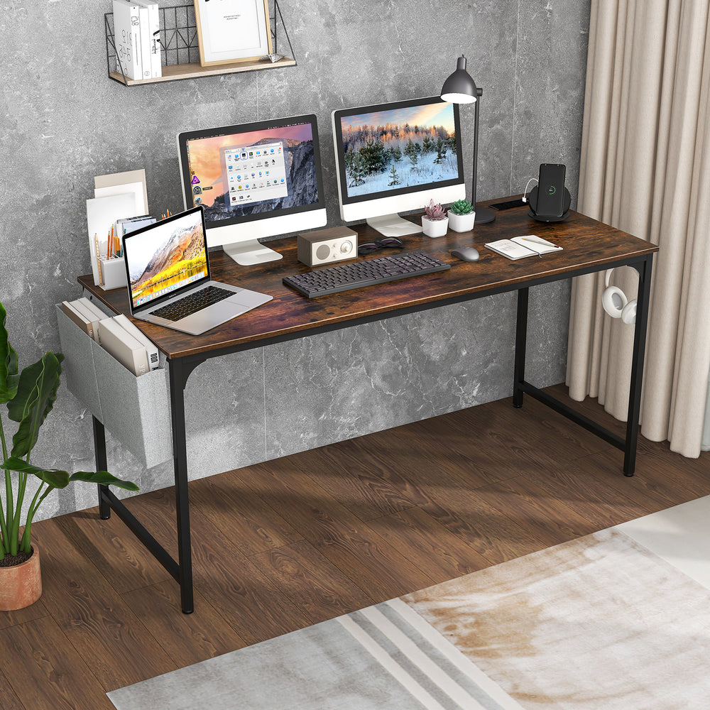 Rustic brown 60-inch computer desk with built-in charging station and storage bag, perfect for home office use.