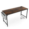 Rustic brown 60-inch computer desk with built-in charging station and storage bag, ideal for home or office use.