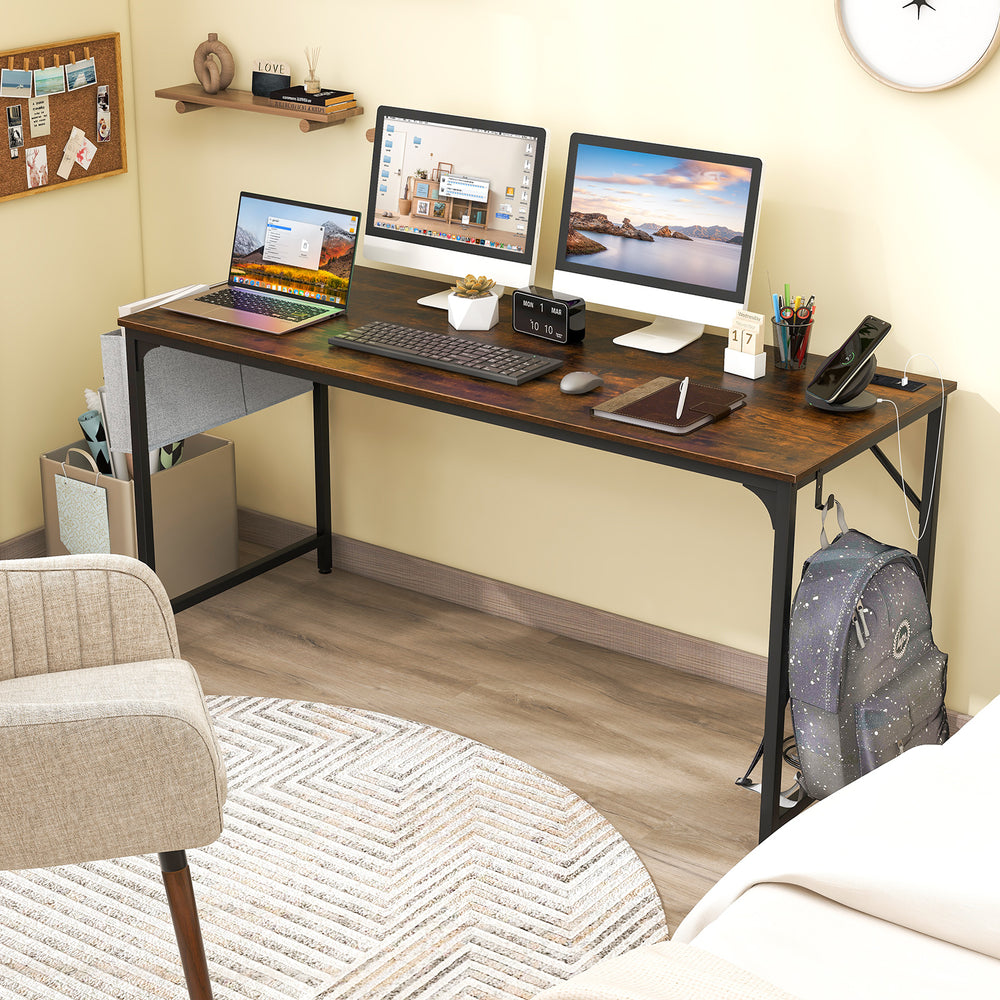 60-inch rustic brown computer desk with built-in charging station and storage bag, ideal for home office use.