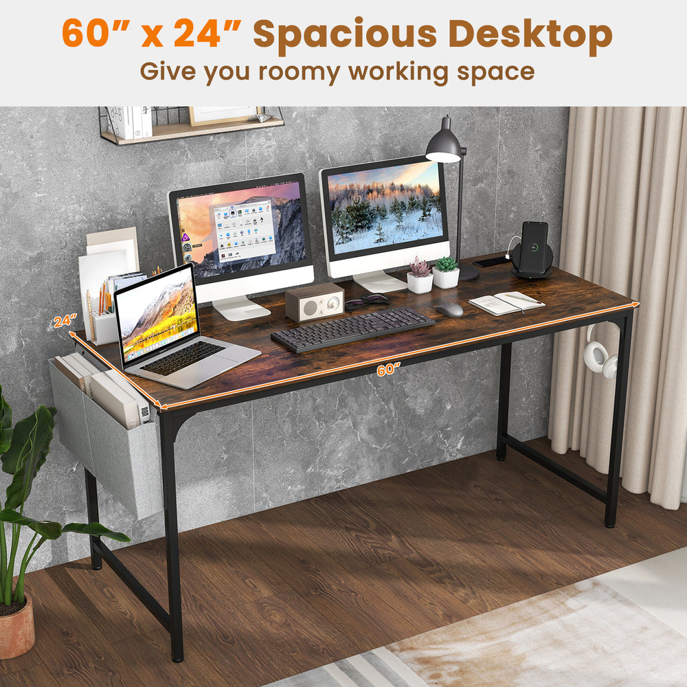 Spacious 60" x 24" rustic brown computer desk with charging station and storage bag, ideal for home or office use.