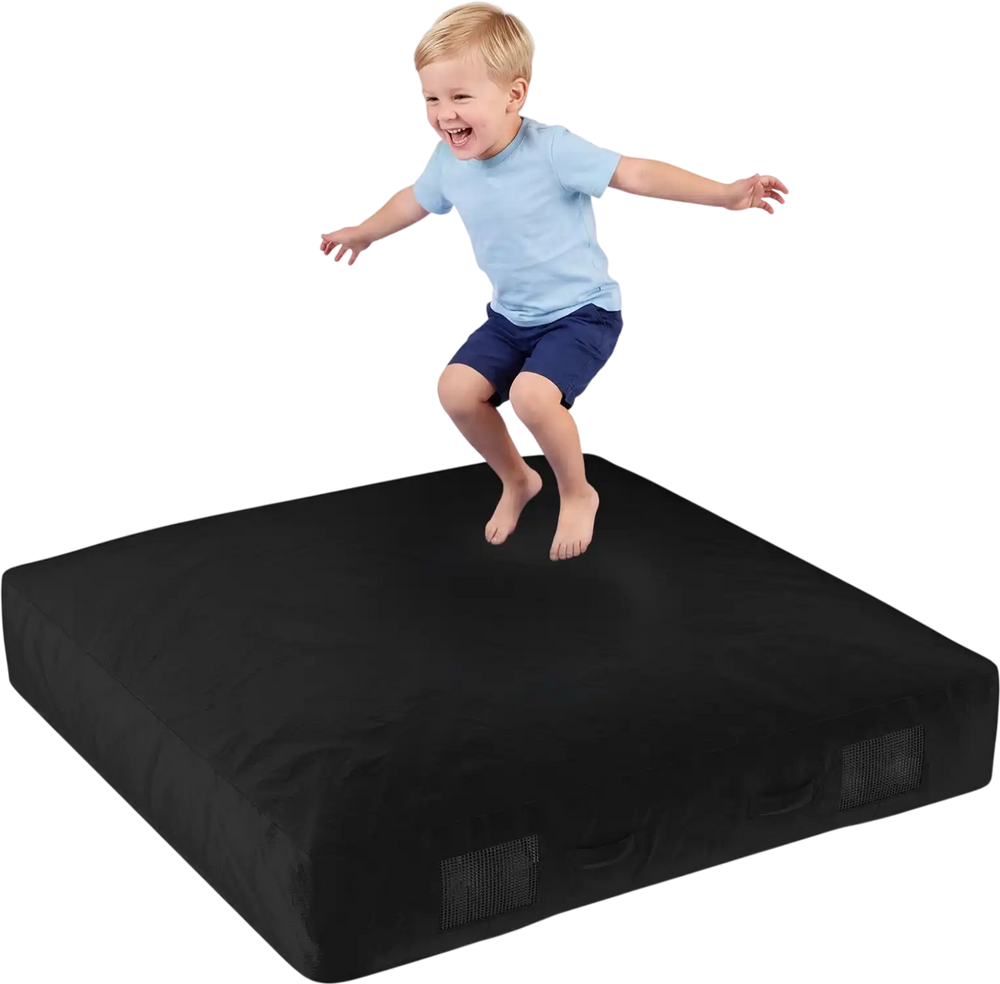 Soft black 60-inch crash pad for kids, featuring a velvet cover and designed for safe impact absorption during play.