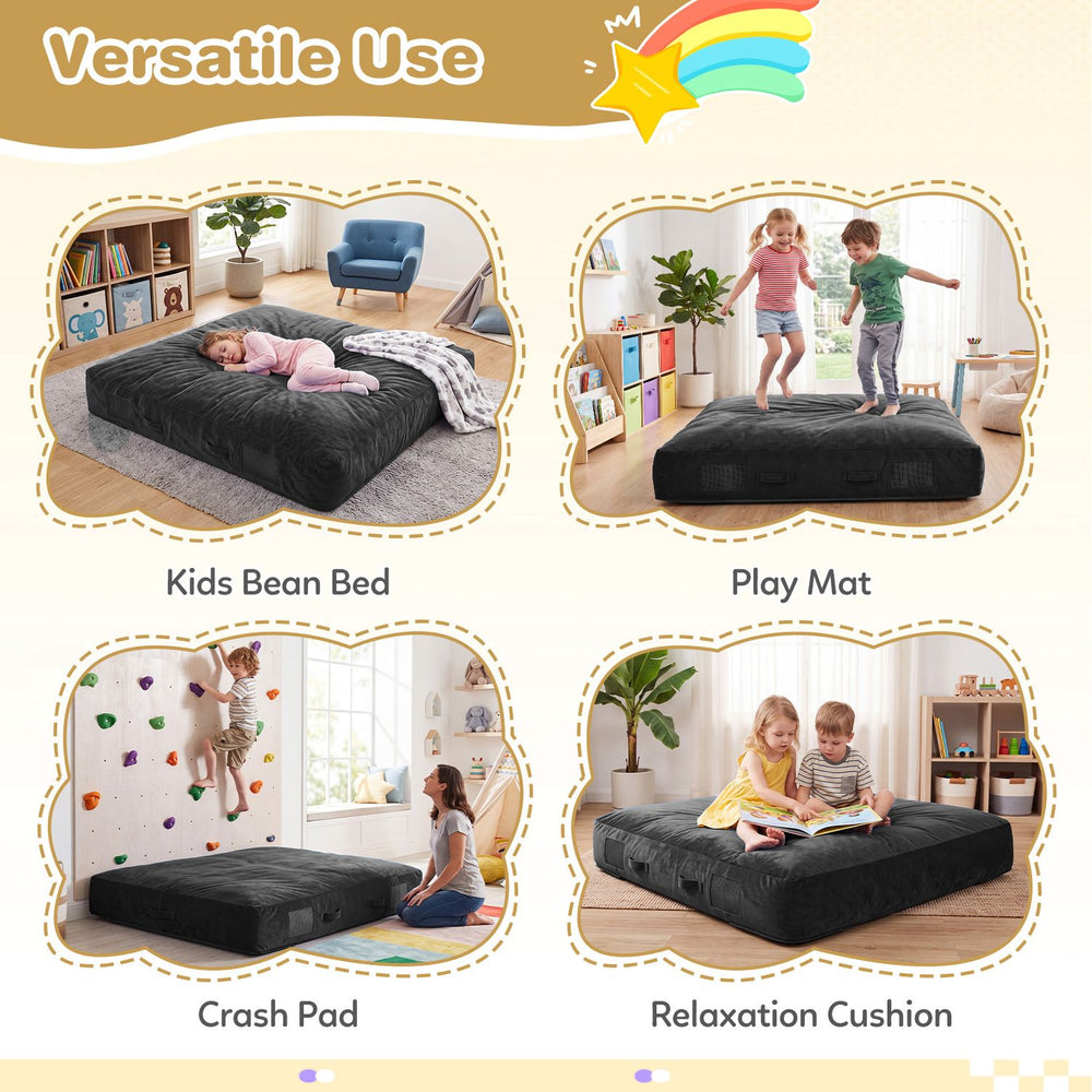 Kids sensory foam crash pad with a black velvet cover, ideal as a bean bed, play mat, or relaxation cushion.