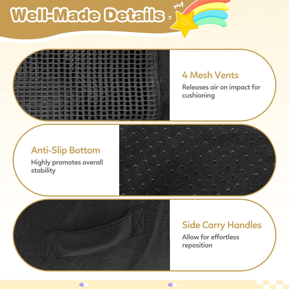 Close-up of the 60-inch black crash pad featuring anti-slip bottom, mesh vents for cushioning, and side carry handles.