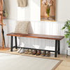 60-inch entryway shoe bench with a sturdy metal frame, featuring a wooden top and space for three people.