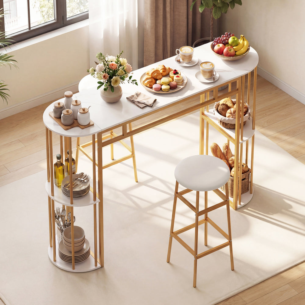 60-inch dining table with faux marble surface and two upholstered barstools, perfect for compact kitchens and dining.